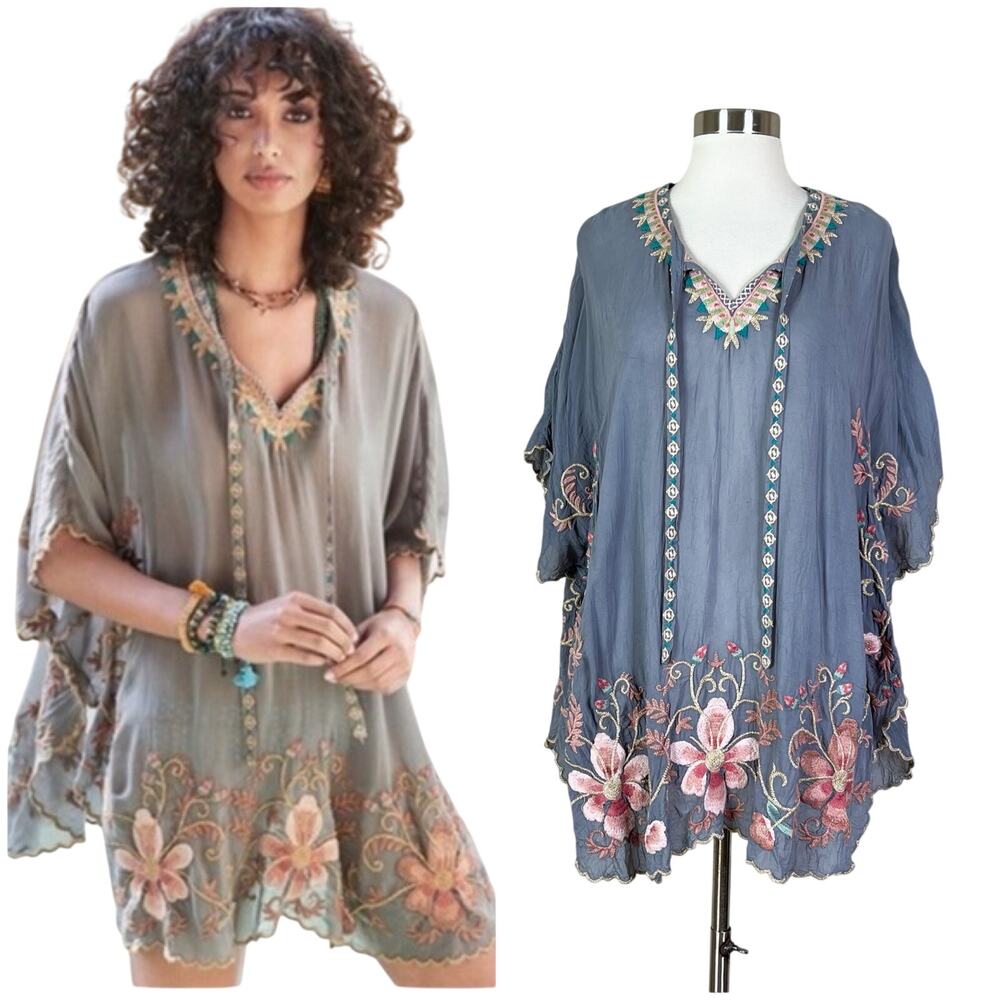 Johnny Was | Antoinette Poncho Grey Floral Embroidered Boho Flowy Blouse Top XS